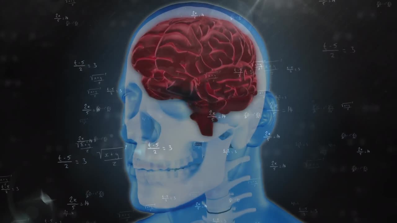 검은 바탕에 회전하는 인간 머리 모델, 뇌 및 수학 공식의 애니메이션