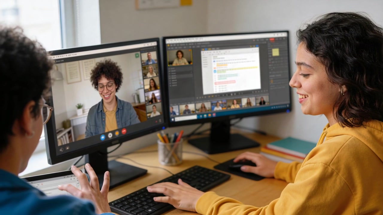 Turning after remote thumbs-up, teen yellow-hoodie clicking mouse at home monitors, copy space