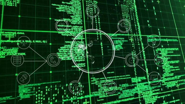 Central network hub being rendered in 3D on dark grid, connecting icon circles with glowing lines