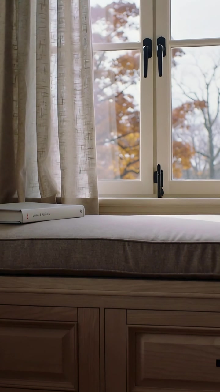 Vertical video: Swaying drape and trees from light wind by window seat at home, closed book