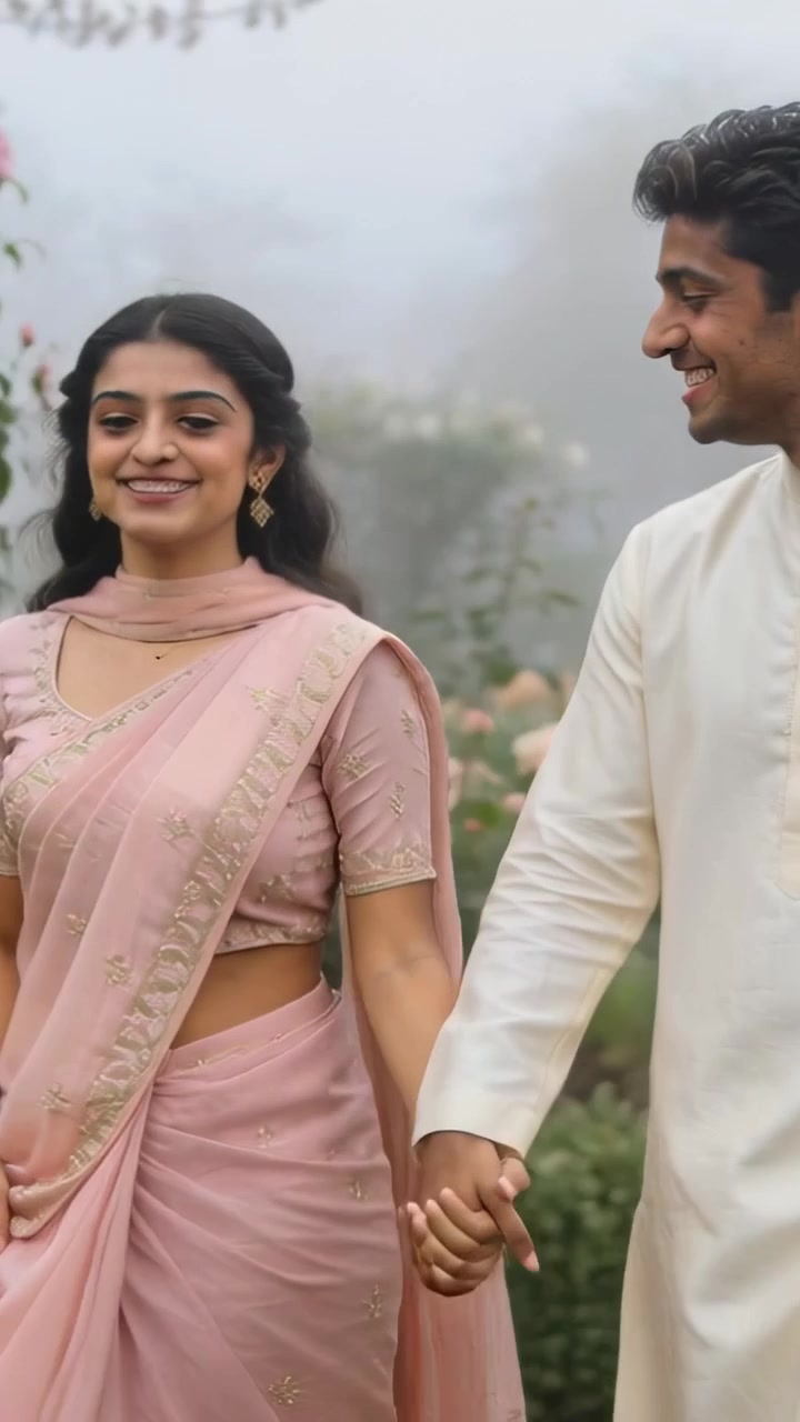Video verticale: Uomo e donna che si tengono per mano camminano attraverso un giardino nebbioso, lei con un sari rosa e lui con un kurta color crema.