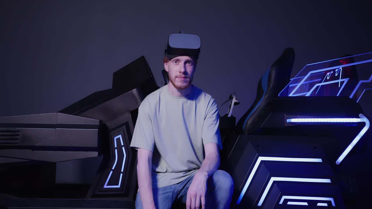 Man Wearing VR Headset in Futuristic Gaming Simulator