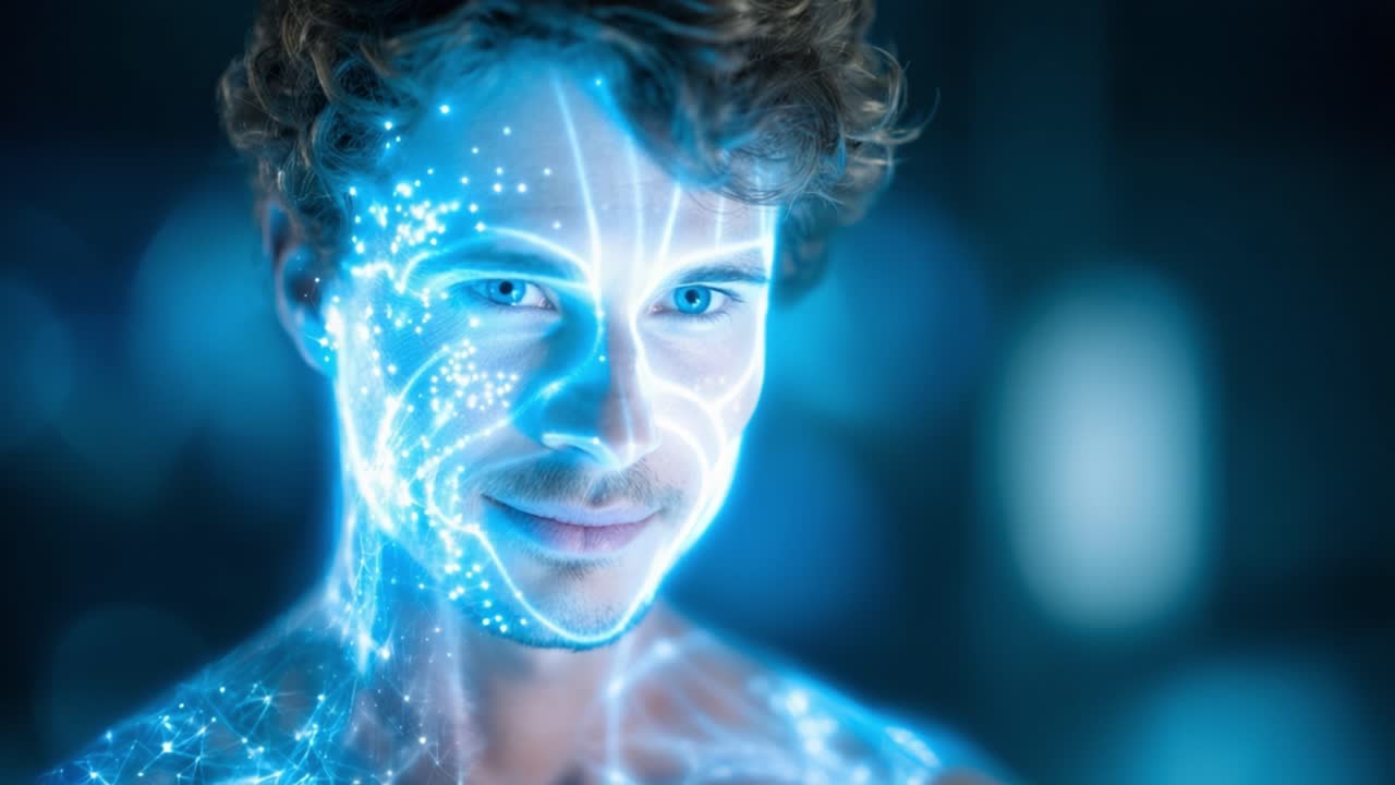 A captivating digital transformation showcasing a man with glowing circuits and patterns on his face and body, illustrating the synergy of technology and humanity