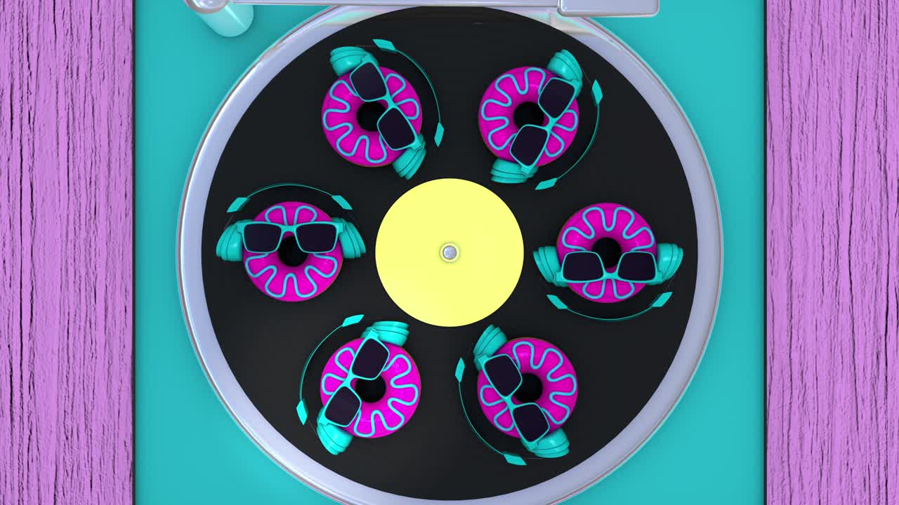 arte contemporáneo del gramófono con disco de vinilo y rosquilla. animación en bucle 3d.