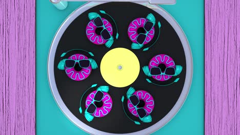 contemporary art of gramophone with vinyl record and donut. looped 3d animation.