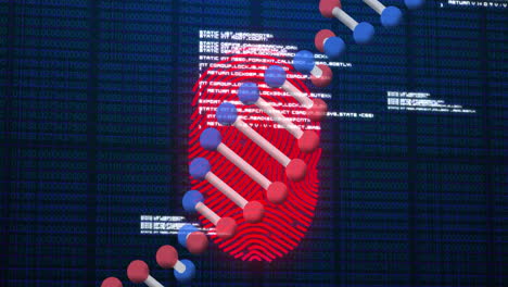 animation of scanning fingerprint, with 3d dna strand and research data processing on black