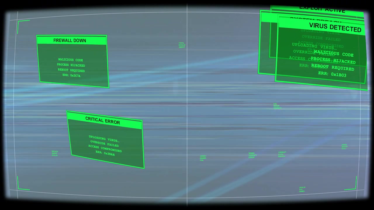 Left-side alert appearing, right-side alert cluster growing, overlapping, tilting, signaling breach
