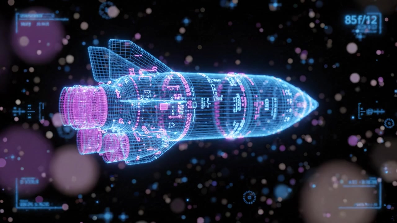 Detailed 3D Visualization of a Futuristic Rocket Design with Advanced Schematics and Dynamic Effects Displayed Against a Cosmic Background