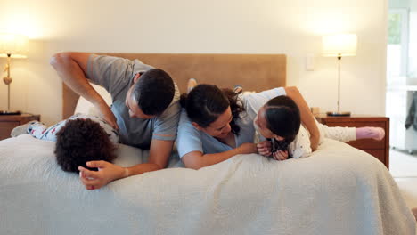 happy family, bed and fun playing together