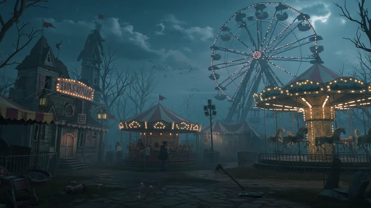An Enigmatic Evening at the Abandoned Amusement Park Featuring a Spooky Ferris Wheel and Haunted Merry-Go-Round Beneath Ominous Clouds and Flickering Lights