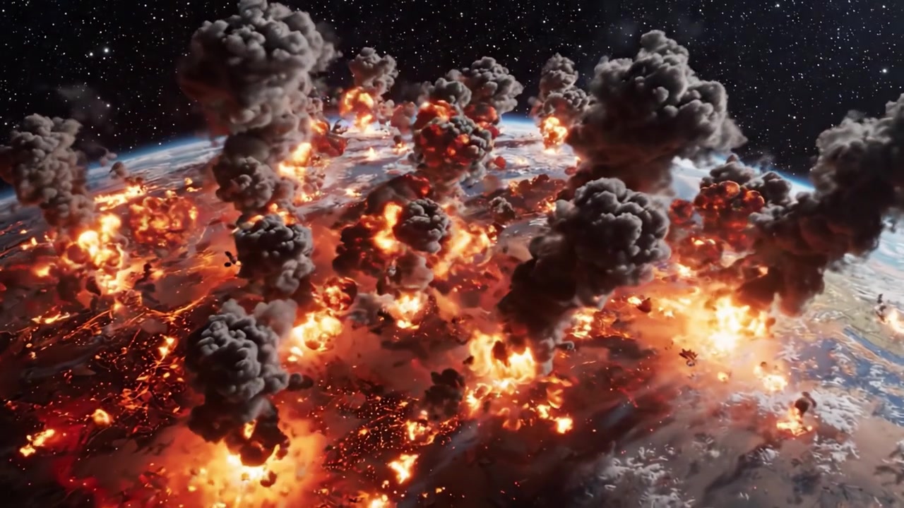 Une représentation dramatique de destruction catastrophique enveloppant la planète avec des explosions et des nuages sombres dans un visuel de science-fiction du scénario apocalyptique de la Terre