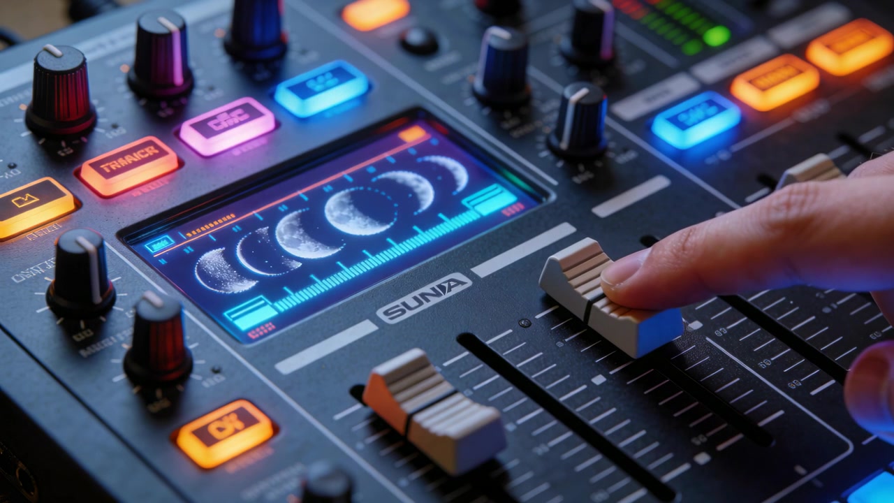 Entering from right, hand sliding faders for gain, pressing next fader on studio mixer moon-screen