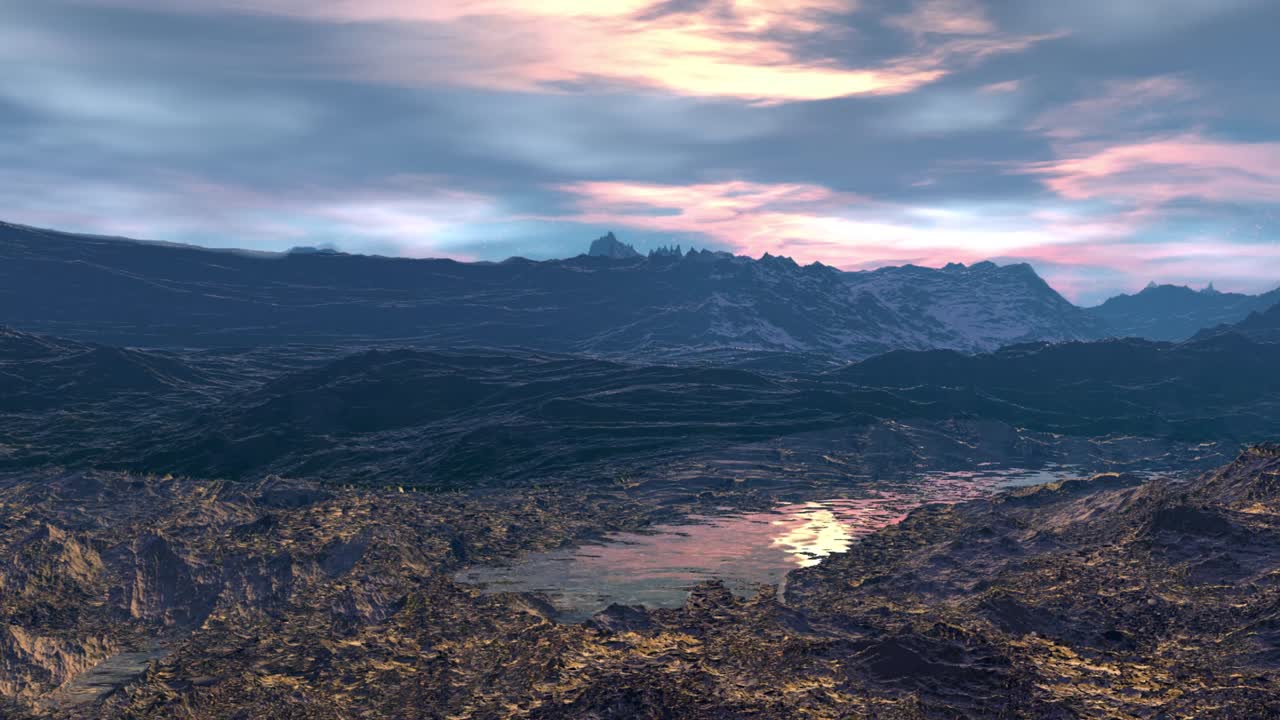 planeta alienígena. montaña y agua. animación. panorama. 4k