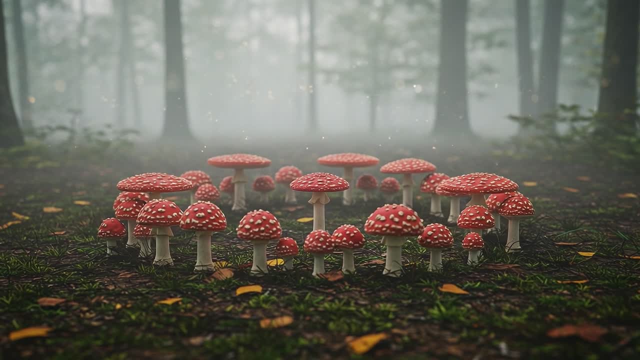 A Mystical Circle of Colorful Mushrooms Rising Through the Enchanted Fog in the Heart of an Ancient Forest, Creating a Magical and Serene Atmosphere