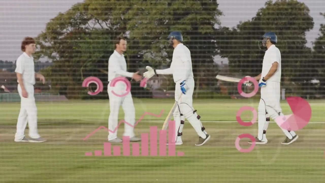 Due battitori che lasciano il campo da cricket dopo una stretta di mano, con grafici rosa che si espandono e analizzano i dati.