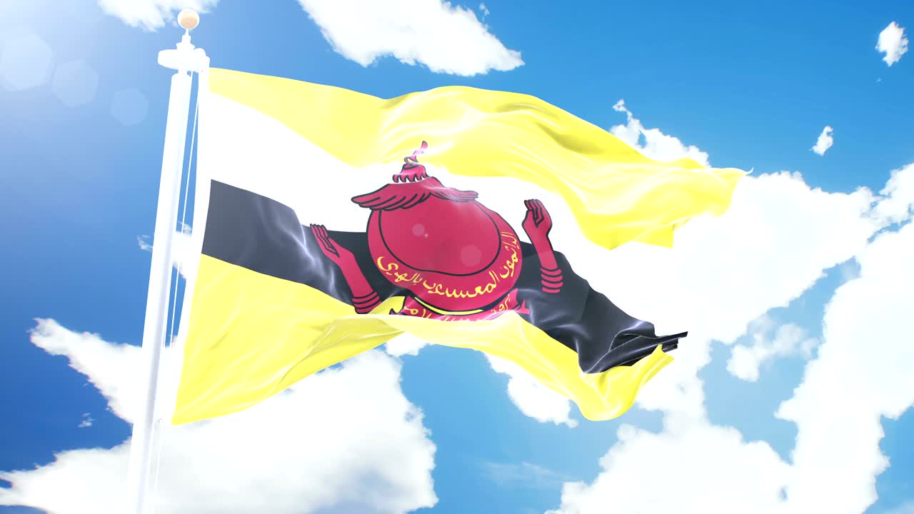 브루나이의 현실적인 발은 타임 스 구름 배경에서 흔들리고 있습니다. 상세한 직물 질감과 함께 4k 해상도의 완벽한 루프입니다.