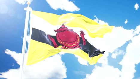 bandera realista de brunei ondeando contra el fondo de nubes de lapso de tiempo. bucle sin costuras en resolución 4k con textura de tela detallada.