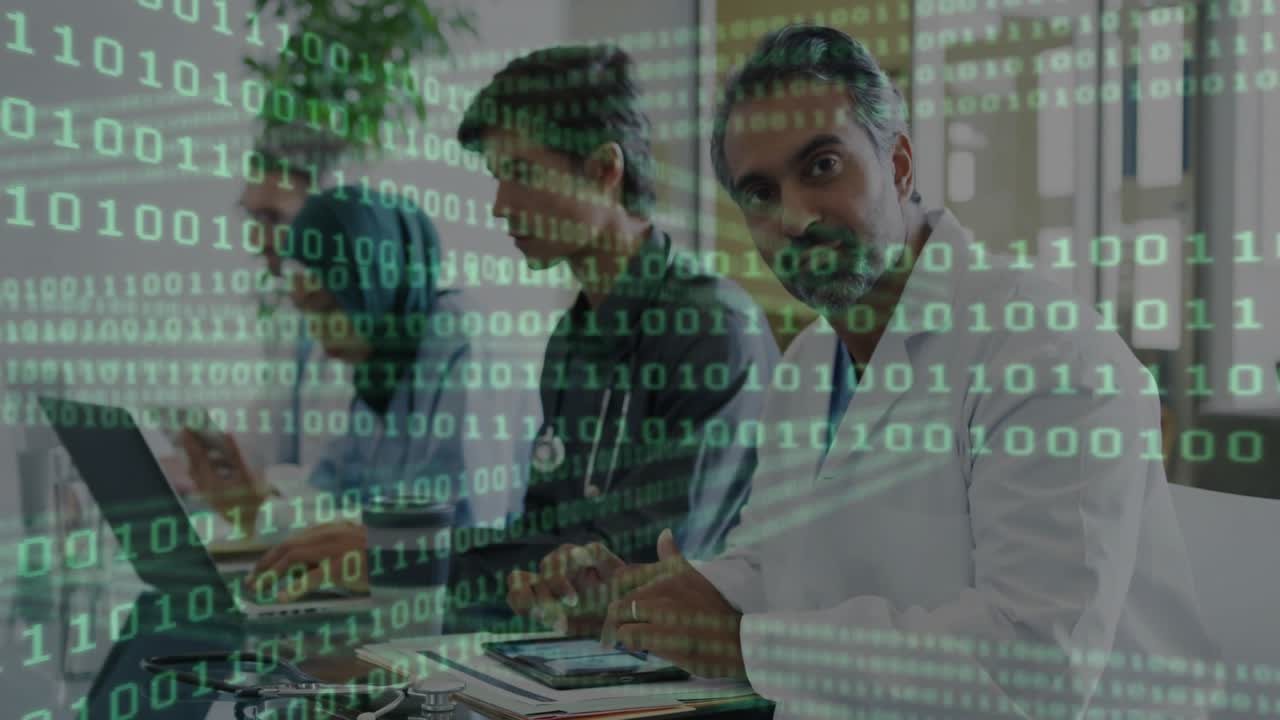 Three professionals working on devices for data analysis, fading binary overlay, doctor glancing