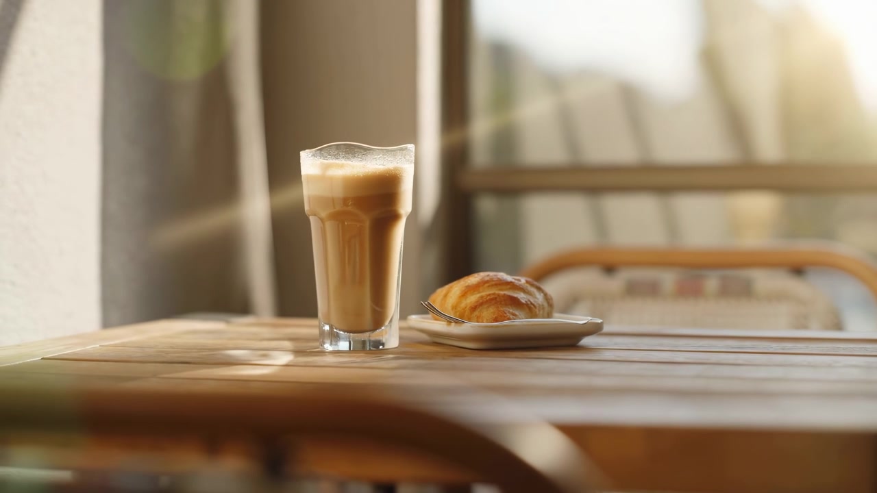 Scena ravvicinata in movimento di un alto bicchiere di latte macchiato con schiuma cremosa e piccole bolle superficiali poggiato su un tavolo di legno verniciato accanto a un croissant su un piattino con un cucchiaino, con texture della schiuma visibile e leggera