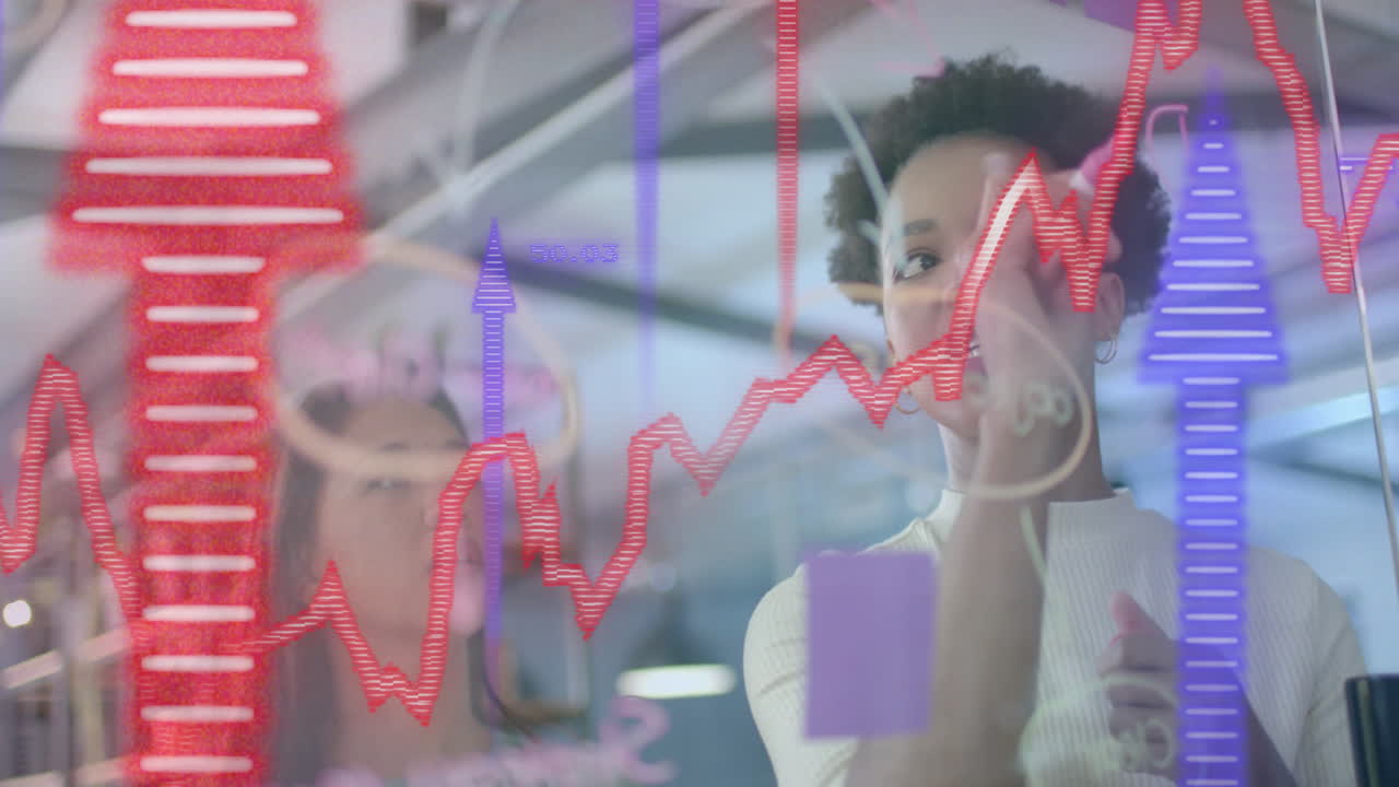 animación del procesamiento de datos financieros sobre diversas mujeres empresarias en la oficina