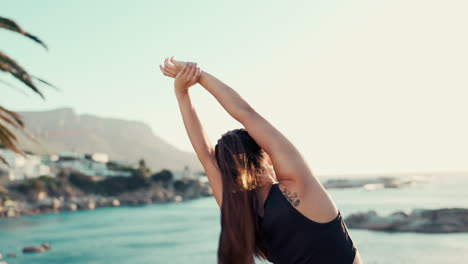 Woman-at-beach,-stretching-and-yoga-for-exercise