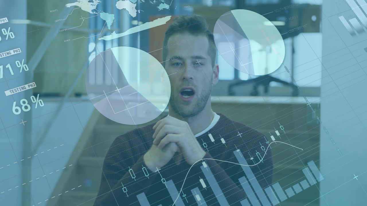 Animation of statistical data processing against caucasian talking looking at the camera at office