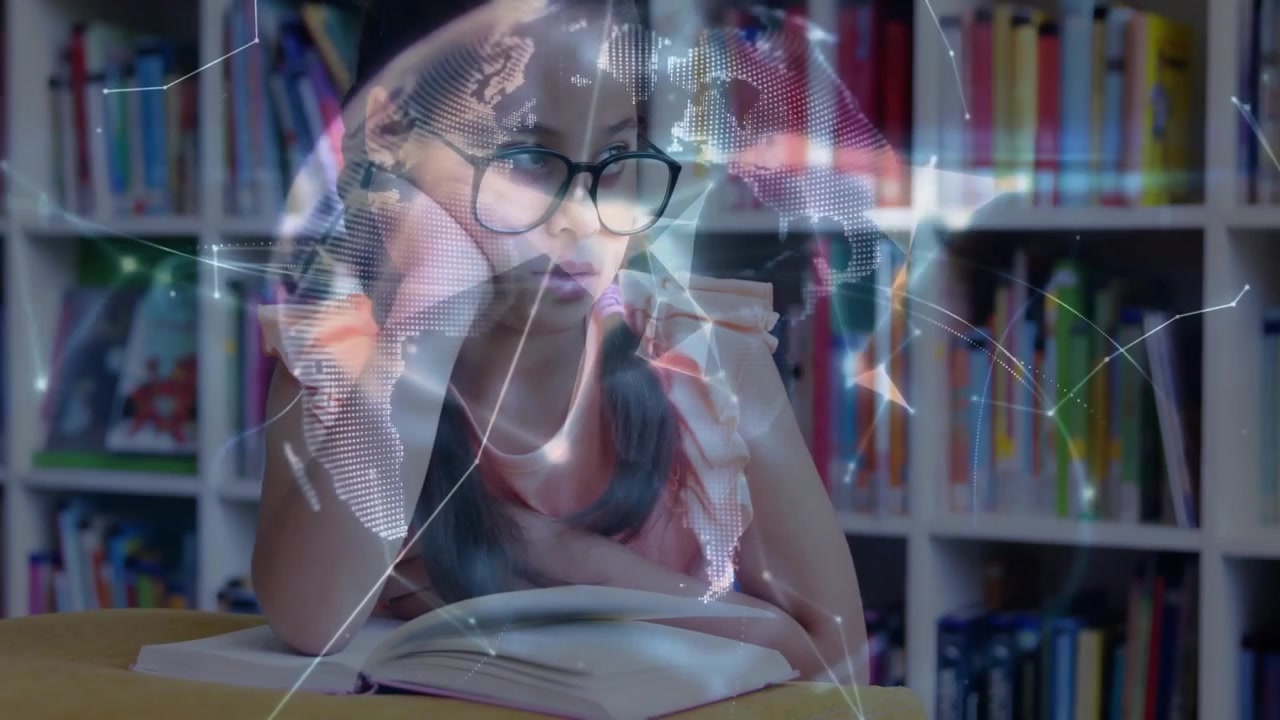Menina apoiando o queixo, virando páginas de livro, iniciando uma rede digital que forma um globo giratório para educação.