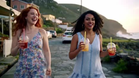 two friends enjoying refreshing beverages while walking along a scenic coastal path, celebrating friendship and joyful moments