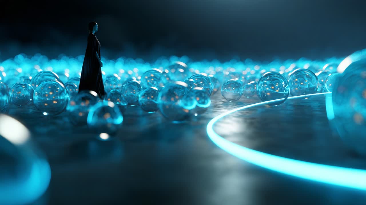 A solitary figure stands amidst a stunning scene filled with shimmering, translucent bubbles that generate an ethereal glow, creating an otherworldly atmosphere enhanced by mesmerizing blue light trails on the surface