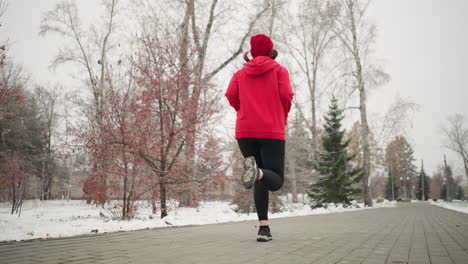 back view of middle-aged woman in red hoodie and beanie jogging outdoors during winter along a snowy park pathway surrounded by frosty trees, evergreen pines, and a serene atmosphere