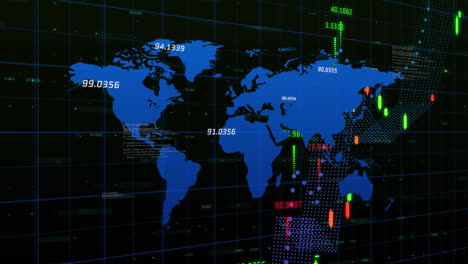 animation of financial data processing and world map over black background