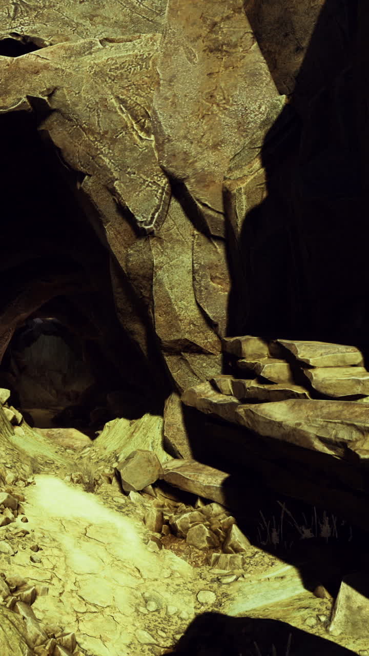 Maestoso ingresso di una grotta che rivela antiche formazioni rocciose al crepuscolo.
