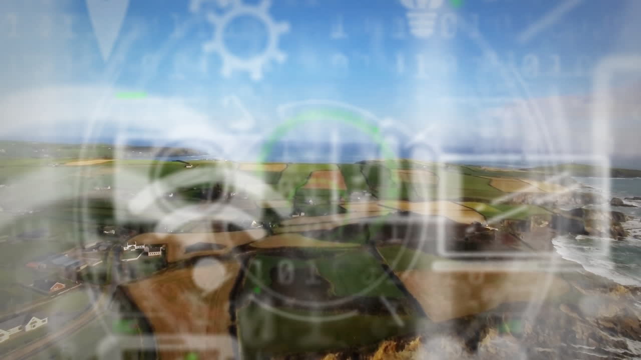 Animation overlaying digital interface elements on aerial view of rural landscape