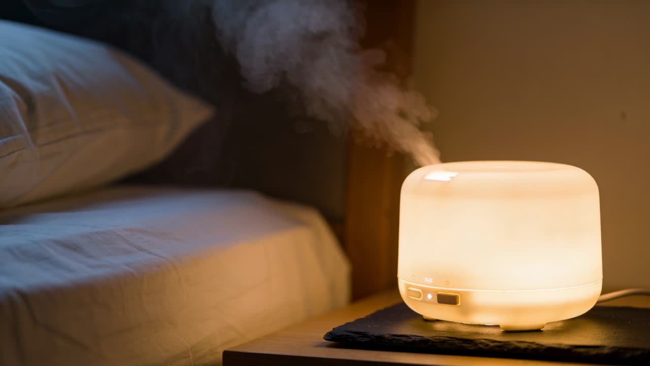 Allumer un diffuseur ambré libérant de la brume vers la tête de lit, près du lit, pour le sommeil, avec un cordon, espace de copie.