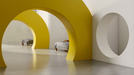 modern interior with yellow arches and beds