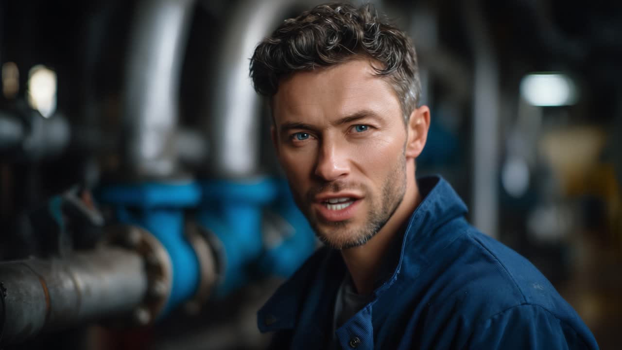 Fokuseret arbejder i et industrielt miljø, der viser udtryk og beslutsomhed midt blandt maskiner og rørledninger på en fabrik.