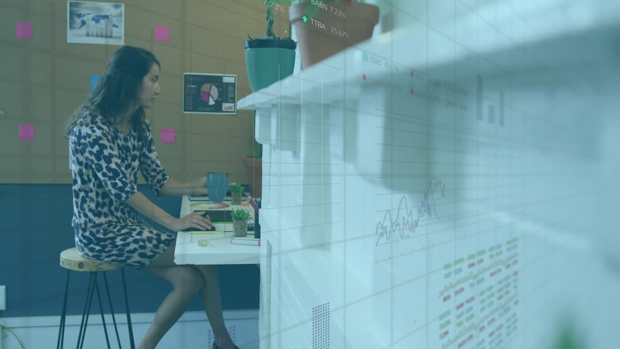 커피를 마시고 사무실에서 일하는 두 인종의 여성에 대한 주식 시장 데이터 처리의 애니메이션