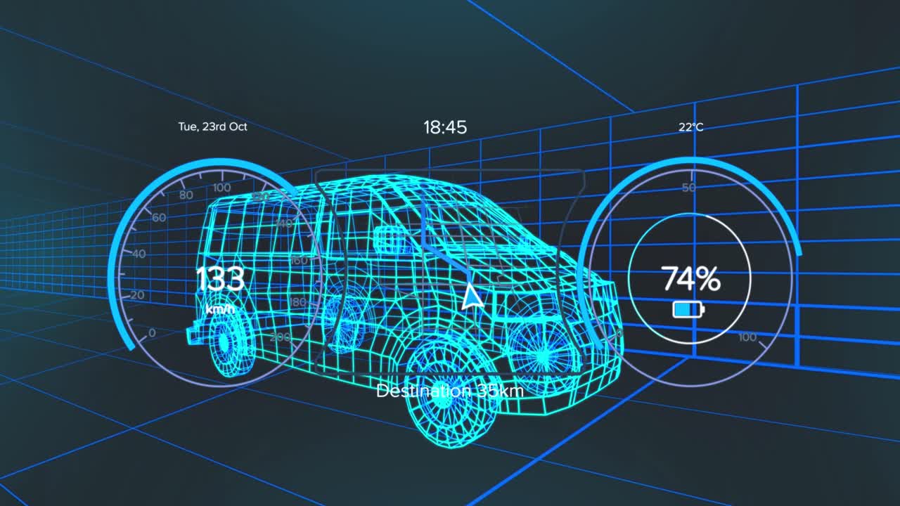 animación del velocímetro, el gps y los datos del estado de carga en la interfaz del vehículo, en un modelo de furgoneta 3d