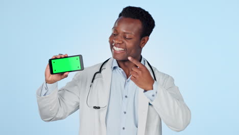 Green-screen,-phone-and-man-doctor-with-hand