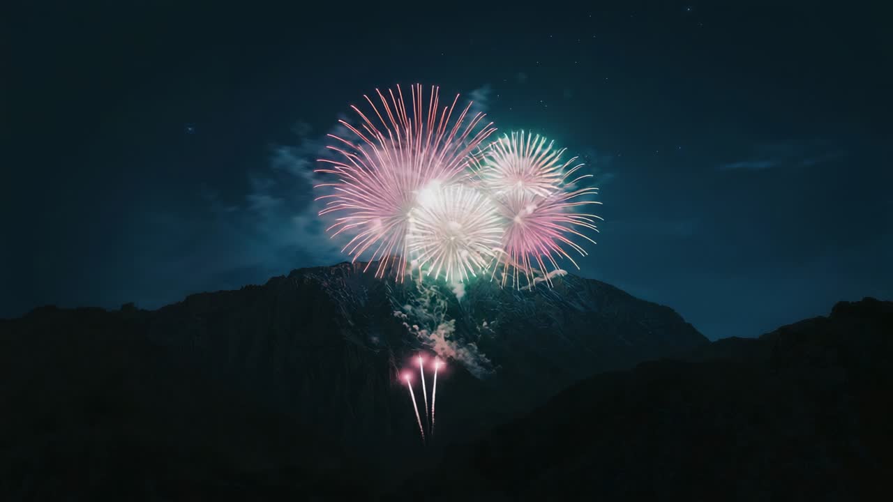 Firing fireworks shells from launch tubes at night, bursts filling mountain ridge with smoke