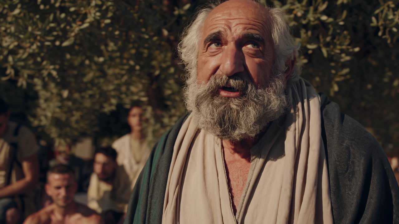 Video grandangolare che cattura un vivace mercato antico sotto ulivi, con persone.