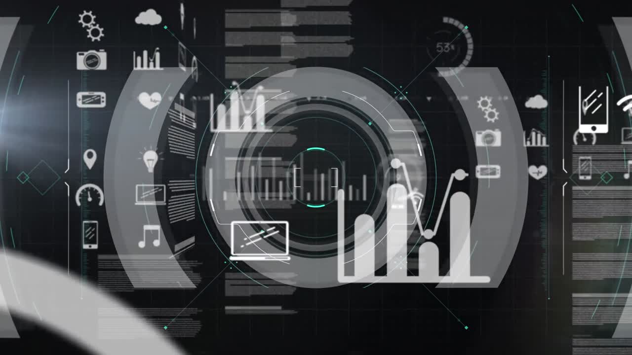 Animation of data processing and scope scanning on black background