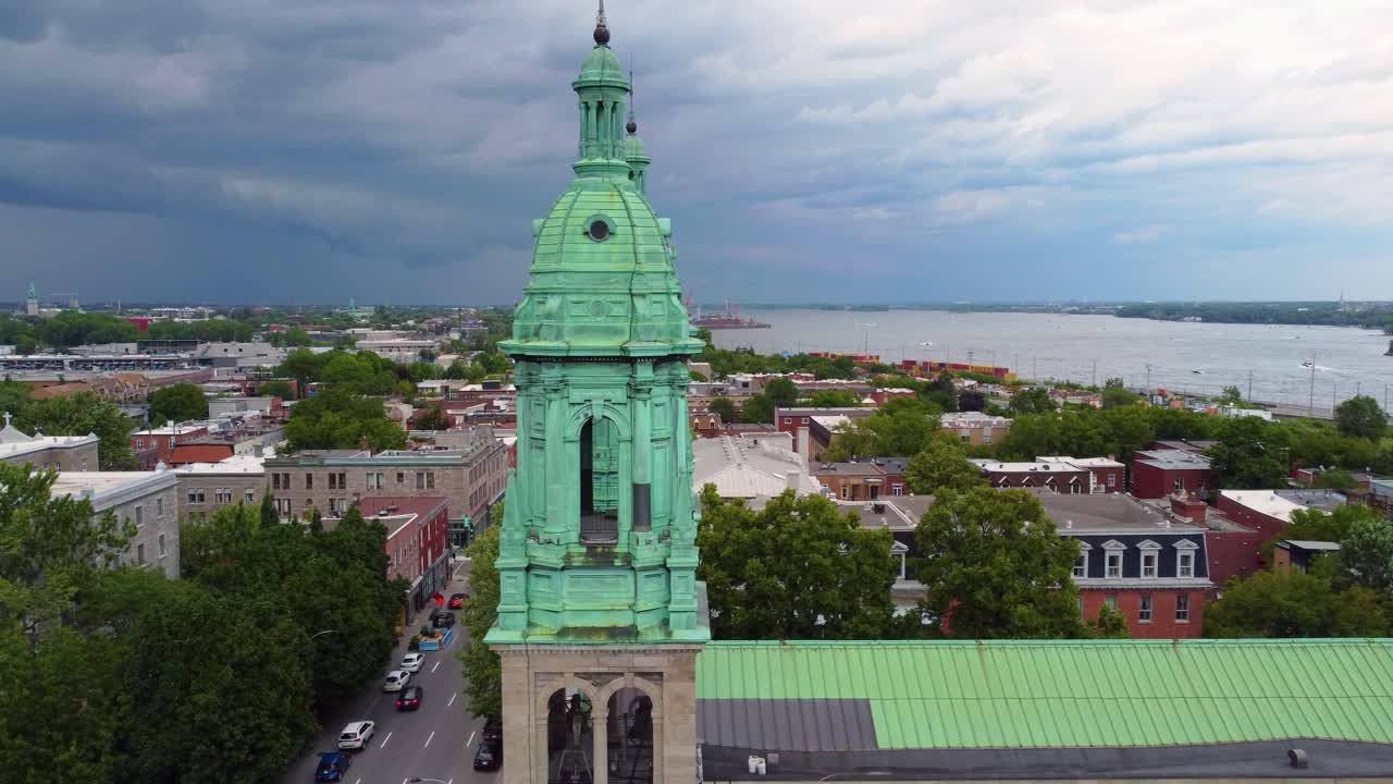 Montreal, Canada. Aerial View of Cartier Theatre Building, Former Catholic Church, Exterior and Towers
