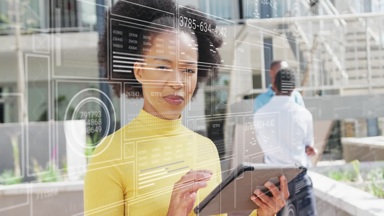 Animation of data processing over african american businesswoman in office