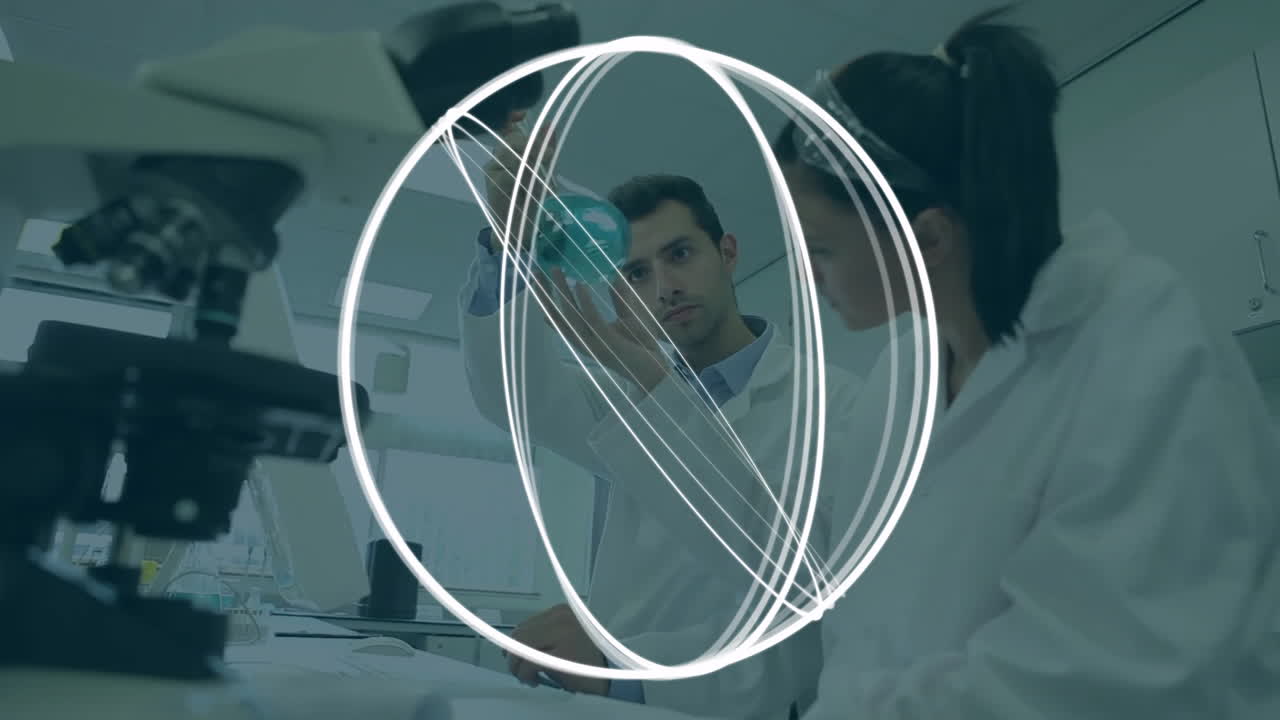 Scientists in lab coats examining samples with digital network animation overlay