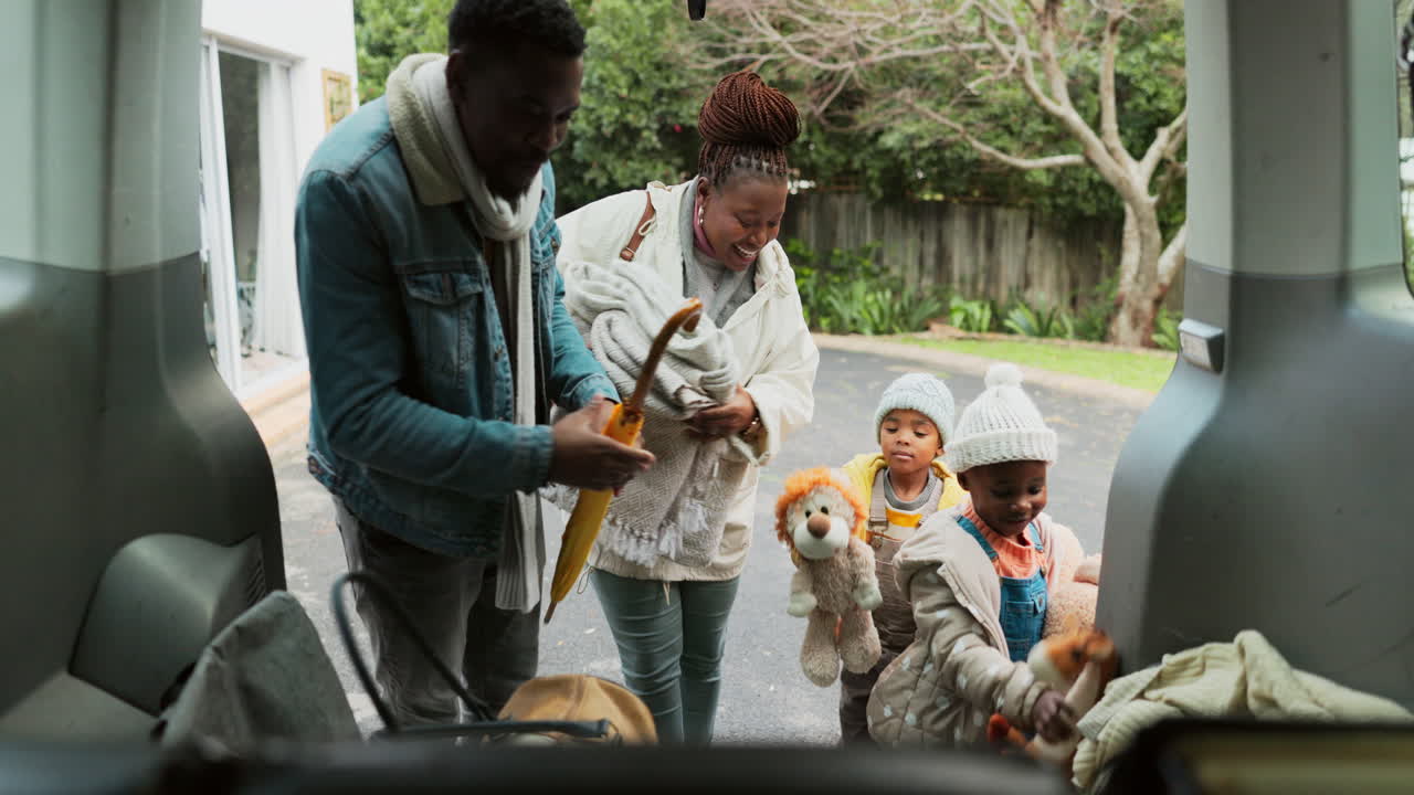 Car, black family and bag packing for road trip