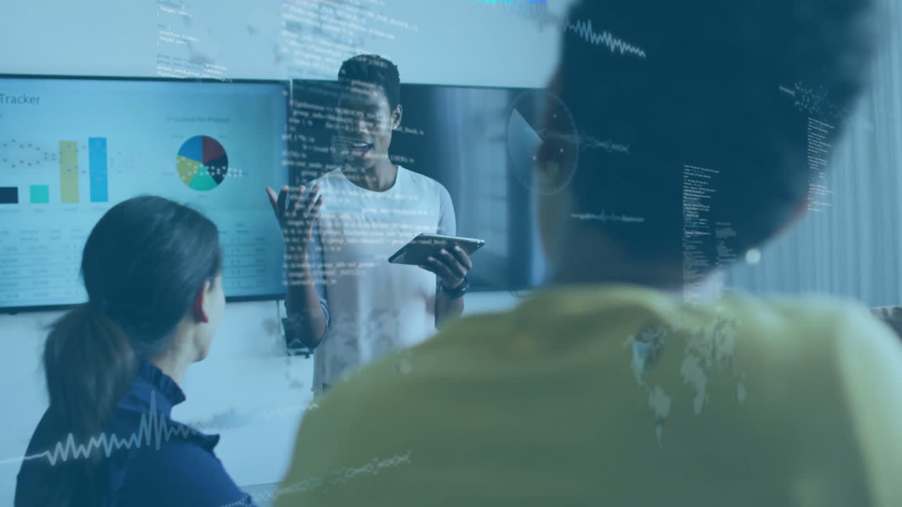 Woman holding tablet presenting data in business meeting, showing floating code overlays and charts