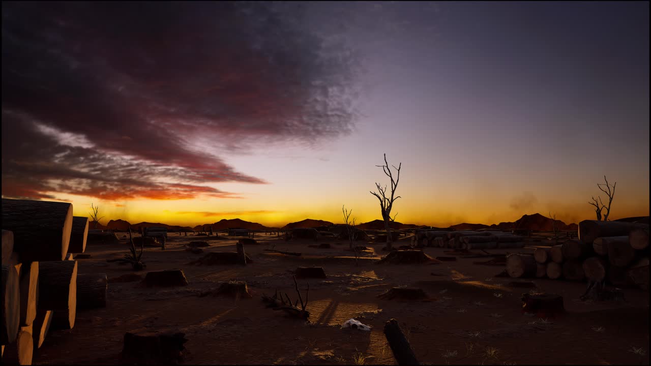 troncos de árboles dejados después de la deforestación, hora de la puesta del sol