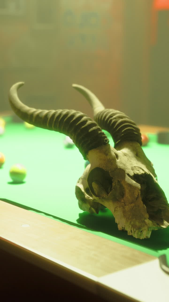 Unique decor features a ram skull on a vibrant pool table in low light