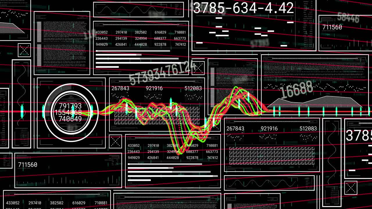 Animation of graphs over changing numbers with loading circles, bars on black background